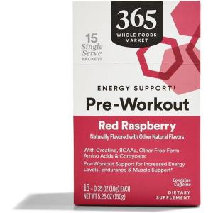 image365 by Whole Foods Market PreWorkout Energy Support with Caffeine SingleServe Packets Red Raspberry 15 Count002 Ounce Pack of 15