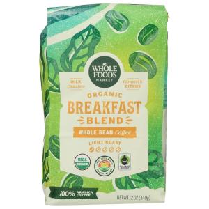 imageWhole Foods Market Organic Breakfast Blend Whole Bean Coffee Light Roast Milk Chocolate Caramel ampamp Citrus 12 Ounce12 Ounce Pack of 1